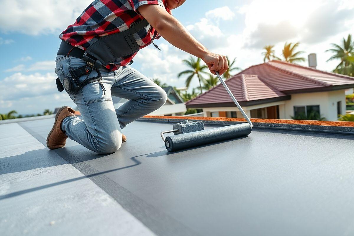 Roofer applying waterproofing membrane to a flat roof